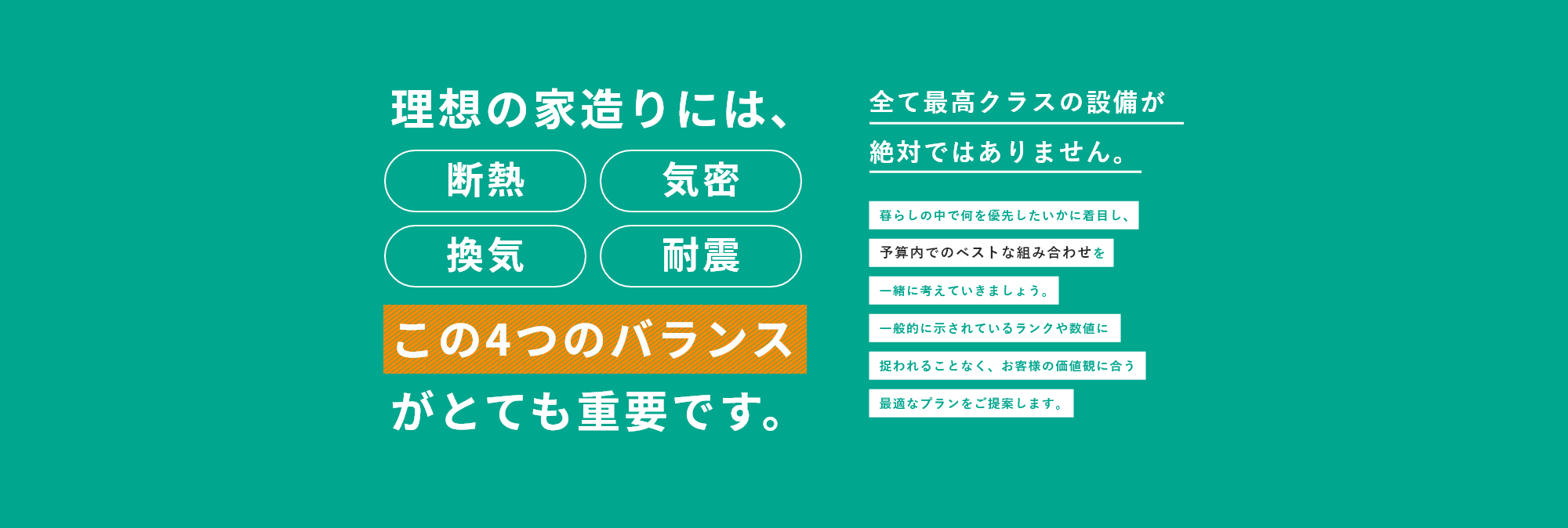 理想の家造りには、断熱・気密・換気・耐震 この4つのバランスがとても重要です。全て最高クラスの設備が絶対ではありません。暮らしの中で何を優先したいかに着目し、予算内でのベストな組み合わせを一緒に考えていきましょう。一般的に示されているランクや数値に捉われることなく、お客様の価値観に合う最適なプランをご提案します。 